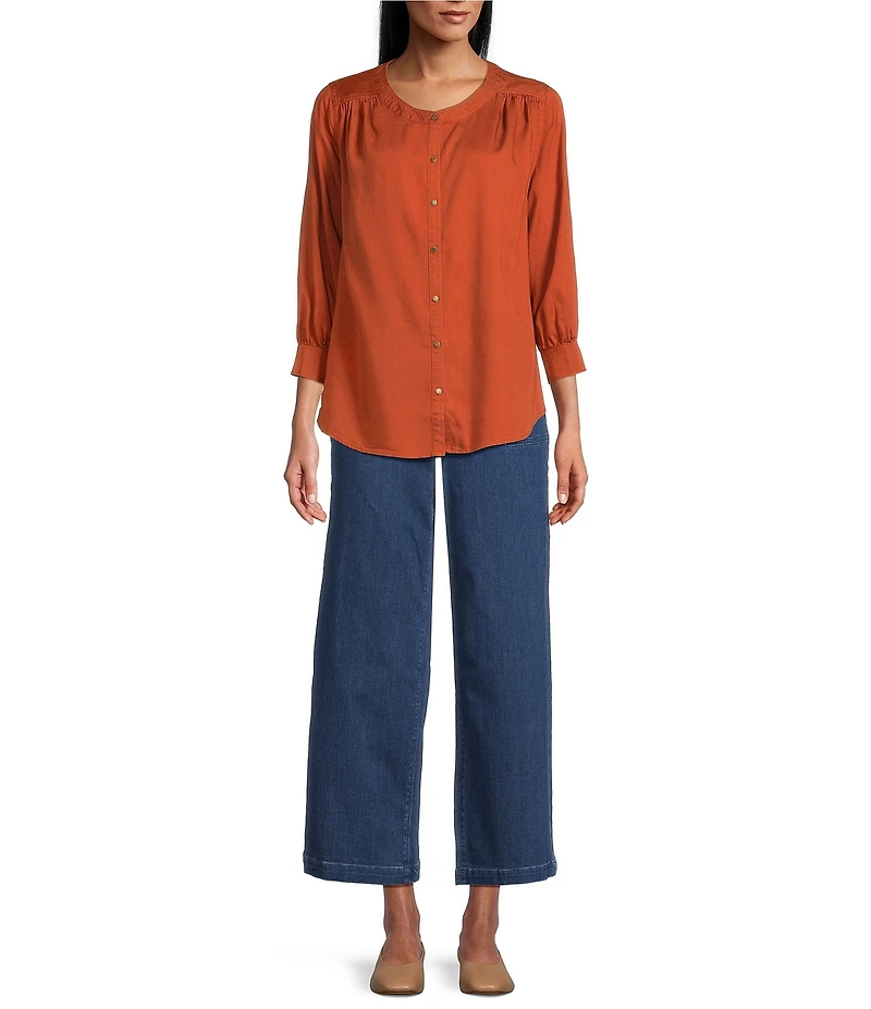 Intro Tencel Slub Split Round V-Neck 3/4 Sleeve Draped Easy Shirring Shirt