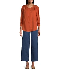 Intro Tencel Slub Split Round V-Neck 3/4 Sleeve Draped Easy Shirring Shirt