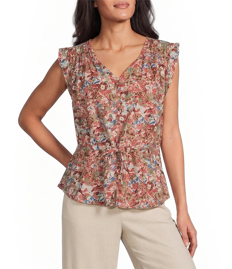 Intro Woven Abstract Floral Print Sweetheart Neck Sleeveless Cinched Waist Peplum Blouse