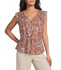 Intro Woven Abstract Floral Print Sweetheart Neck Sleeveless Cinched Waist Peplum Blouse