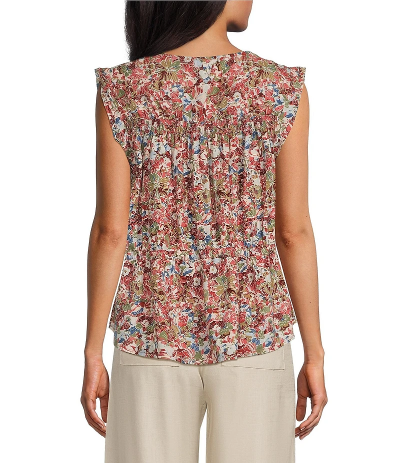 Intro Woven Abstract Floral Print Sweetheart Neck Sleeveless Cinched Waist Peplum Blouse