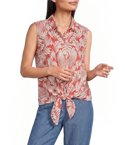 Intro Woven Abstract Leaf Print Point Collar Sleeveless Tie Hem Button-Front Shirt