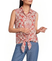 Intro Woven Abstract Leaf Print Point Collar Sleeveless Tie Hem Button-Front Shirt