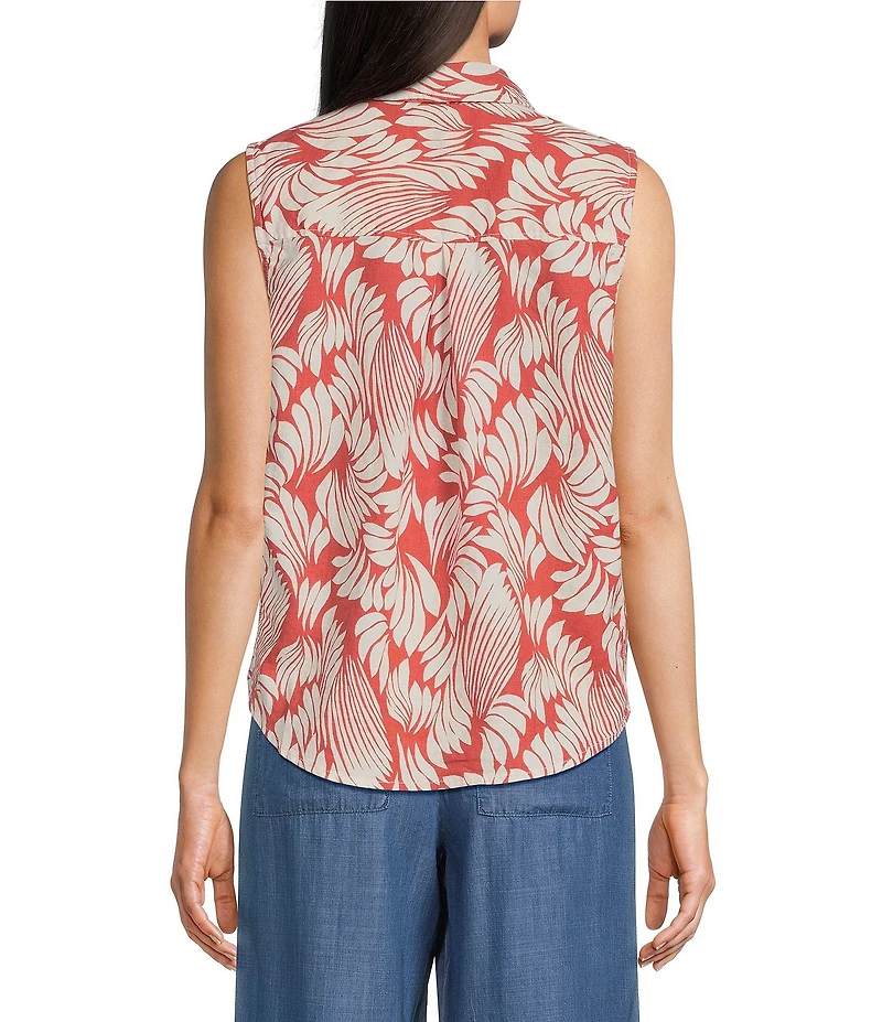 Intro Woven Abstract Leaf Print Point Collar Sleeveless Tie Hem Button-Front Shirt