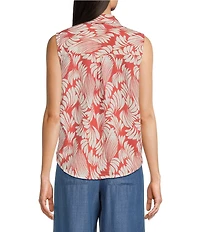 Intro Woven Abstract Leaf Print Point Collar Sleeveless Tie Hem Button-Front Shirt