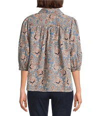 Intro Woven Jacobean Denim Print Point Collar Long Roll-Tab Sleeve Button-Front Shirt