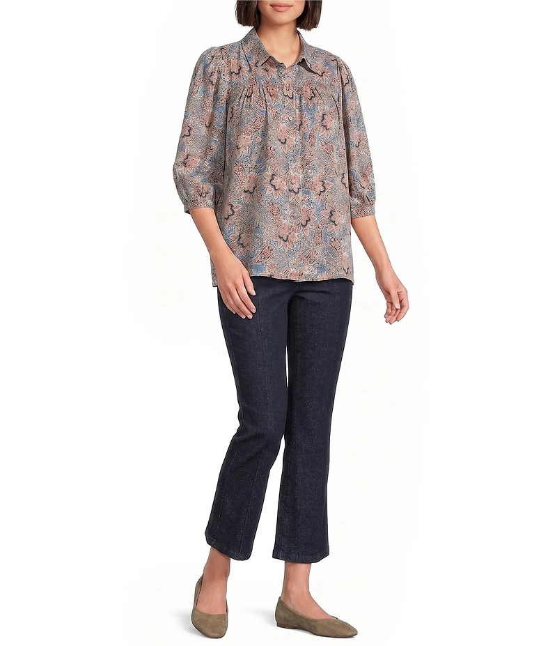 Intro Woven Jacobean Denim Print Point Collar Long Roll-Tab Sleeve Button-Front Shirt