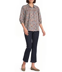 Intro Woven Jacobean Denim Print Point Collar Long Roll-Tab Sleeve Button-Front Shirt