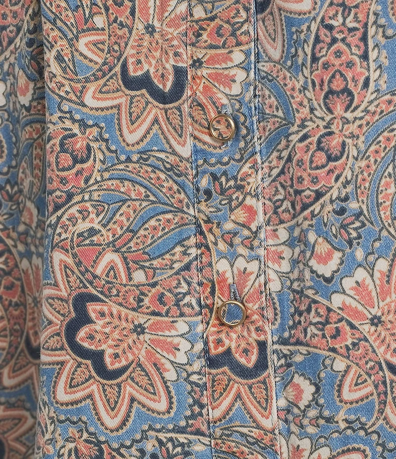 Intro Woven Jacobean Denim Print Point Collar Long Roll-Tab Sleeve Button-Front Shirt