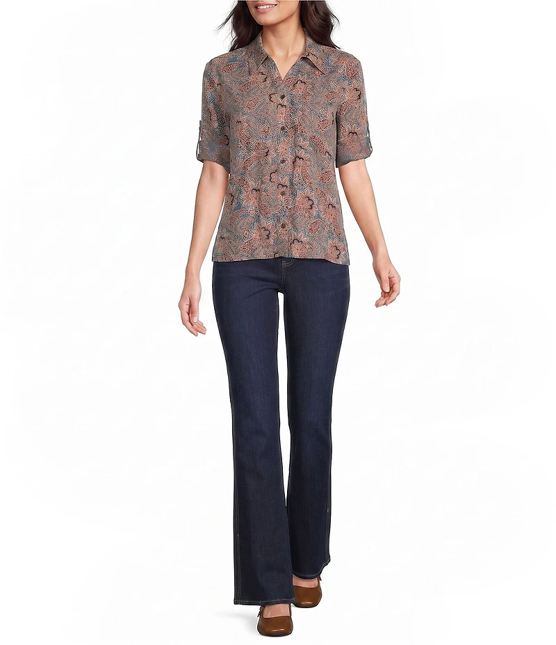 Intro Jacobean Print Lyocell 3/4 Roll-Tab Sleeve Button Front Top