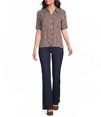 Intro Jacobean Print Lyocell 3/4 Roll-Tab Sleeve Button Front Top