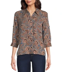 Intro Jacobean Print Lyocell 3/4 Roll-Tab Sleeve Button Front Top