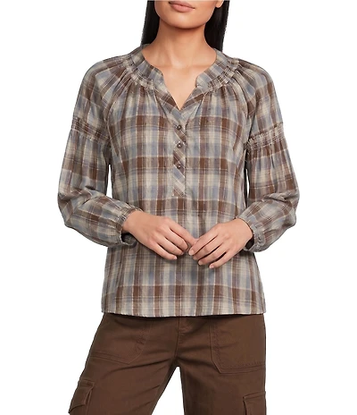 Intro Woven Plaid Y-Neck Long Sleeve Top