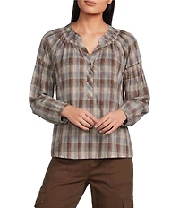 Intro Woven Plaid Y-Neck Long Sleeve Top