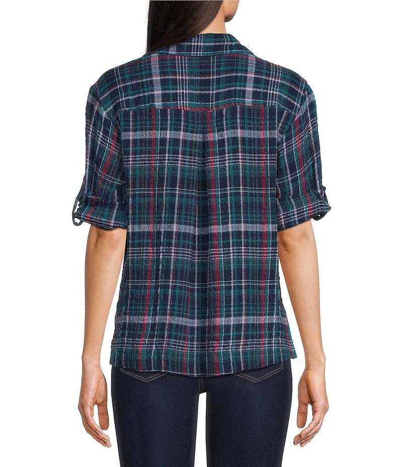Intro Woven Point Harbor Blue Plaid Print Collar Long Roll-Tab Sleeve Button-Front Denim Shirt