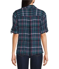 Intro Woven Point Harbor Blue Plaid Print Collar Long Roll-Tab Sleeve Button-Front Denim Shirt