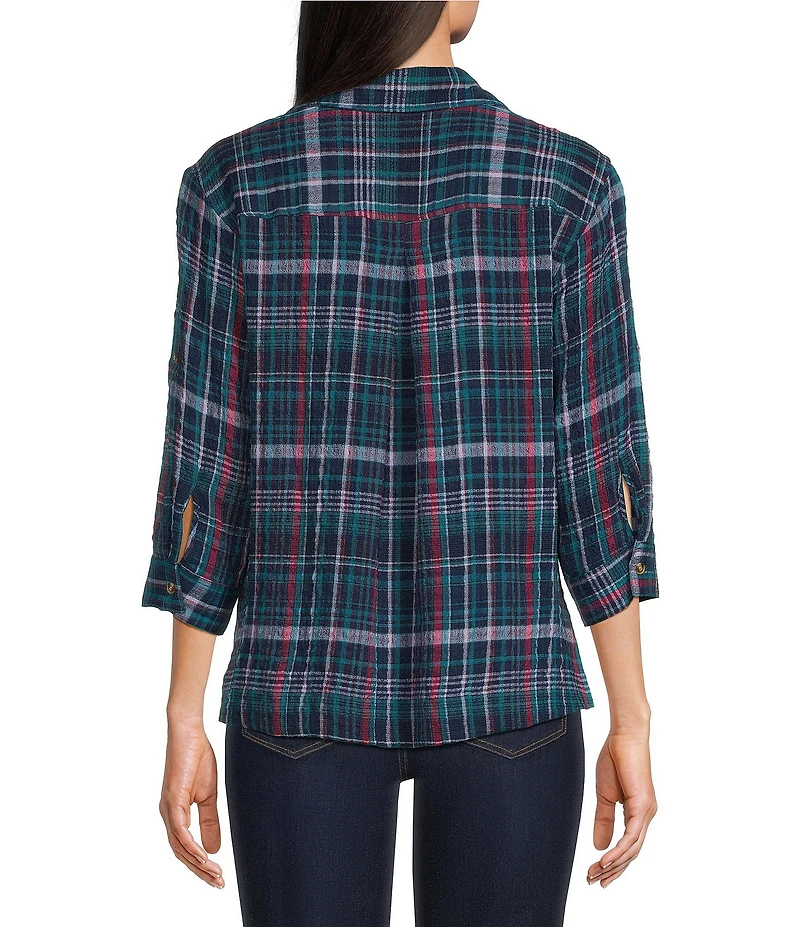Intro Woven Point Harbor Blue Plaid Print Collar Long Roll-Tab Sleeve Button-Front Denim Shirt