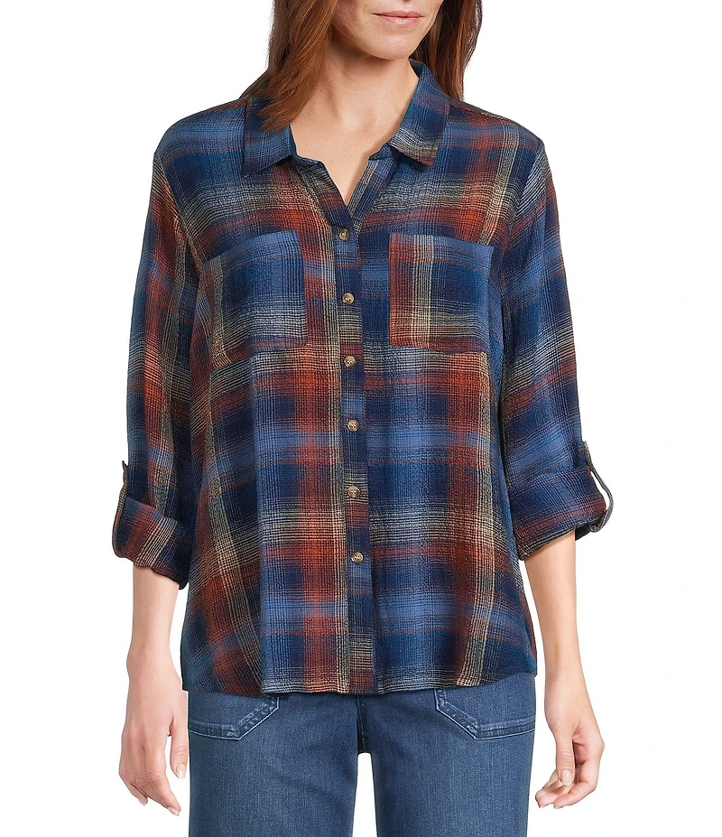 Intro Woven Pucker Plaid Blue Quartz Point Collar 3/4 Rolled-Tab Sleeve Button Front Shirt