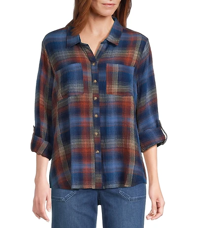 Intro Woven Pucker Plaid Blue Quartz Point Collar 3/4 Rolled-Tab Sleeve Button Front Shirt