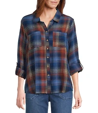 Intro Woven Pucker Plaid Blue Quartz Point Collar 3/4 Rolled-Tab Sleeve Button Front Shirt