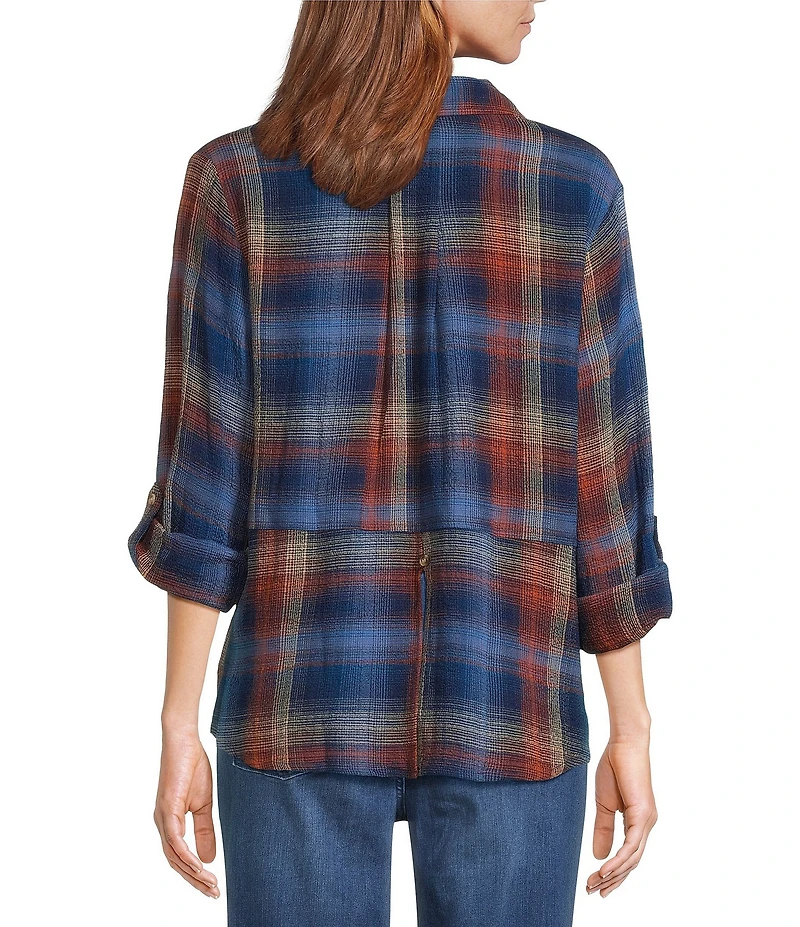Intro Woven Pucker Plaid Blue Quartz Point Collar 3/4 Rolled-Tab Sleeve Button Front Shirt