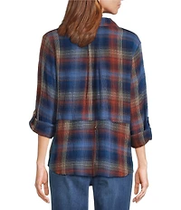 Intro Woven Pucker Plaid Blue Quartz Point Collar 3/4 Rolled-Tab Sleeve Button Front Shirt