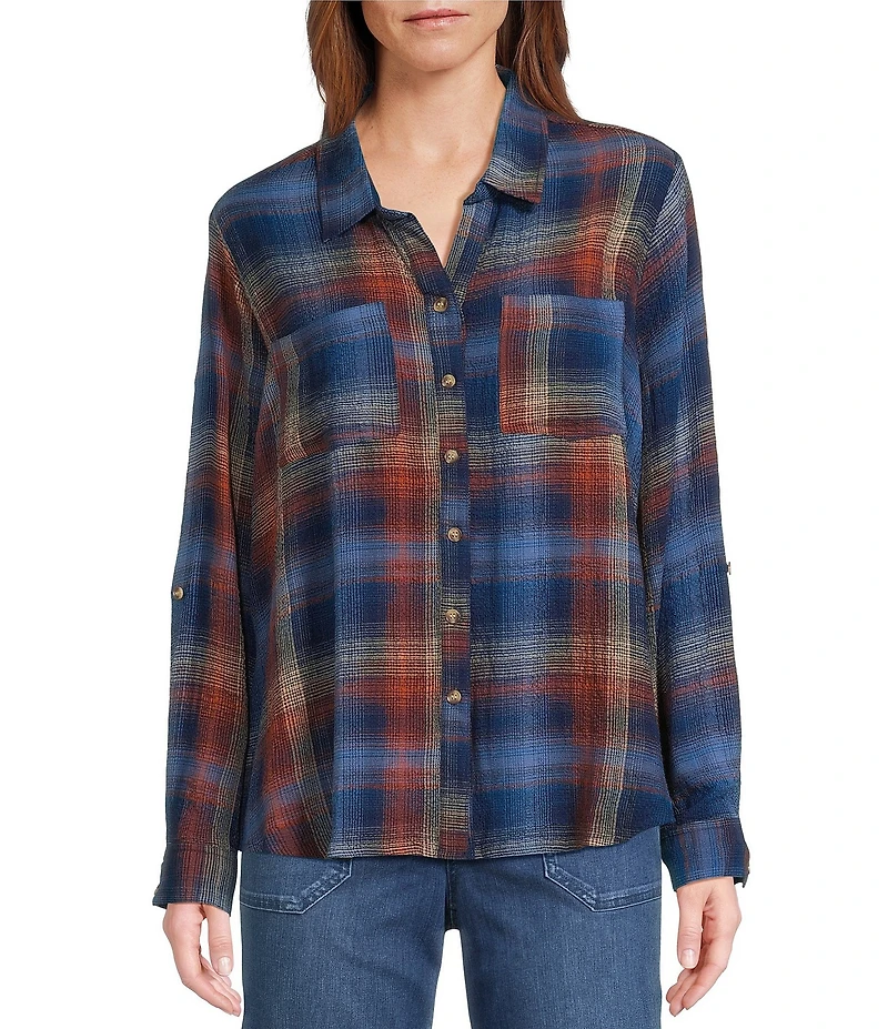 Intro Woven Pucker Plaid Blue Quartz Point Collar 3/4 Rolled-Tab Sleeve Button Front Shirt