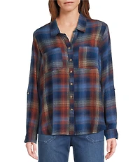 Intro Woven Pucker Plaid Blue Quartz Point Collar 3/4 Rolled-Tab Sleeve Button Front Shirt