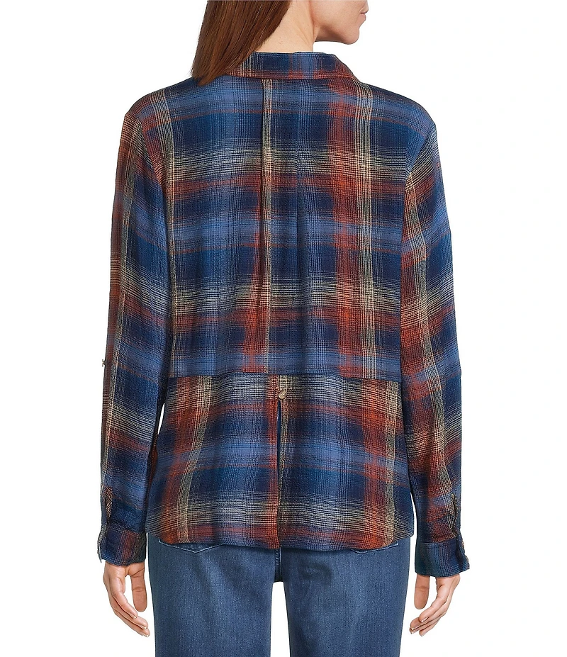 Intro Woven Pucker Plaid Blue Quartz Point Collar 3/4 Rolled-Tab Sleeve Button Front Shirt