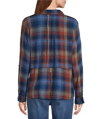 Intro Woven Pucker Plaid Blue Quartz Point Collar 3/4 Rolled-Tab Sleeve Button Front Shirt