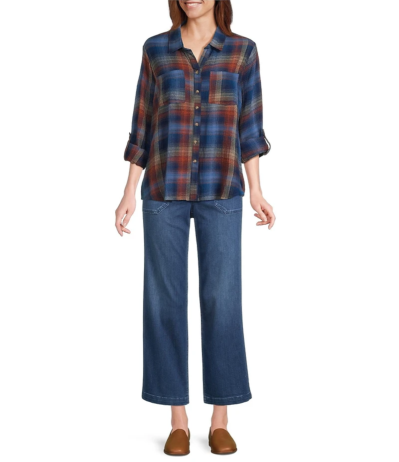 Intro Woven Pucker Plaid Blue Quartz Point Collar 3/4 Rolled-Tab Sleeve Button Front Shirt