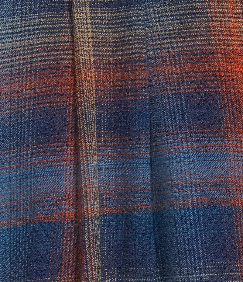 Intro Woven Pucker Plaid Blue Quartz Point Collar 3/4 Rolled-Tab Sleeve Button Front Shirt