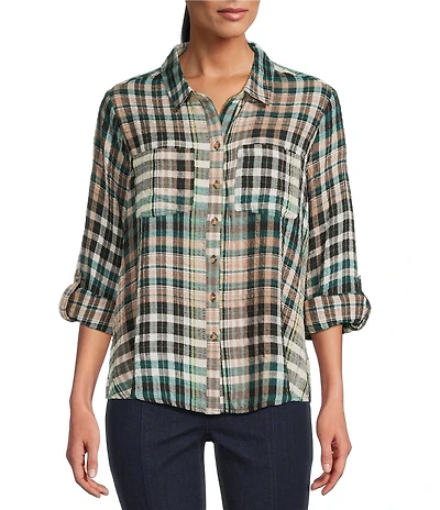 Intro Woven Pucker Plaid Cubb Point Collar 3/4 Rolled-Tab Sleeve Button Front Shirt