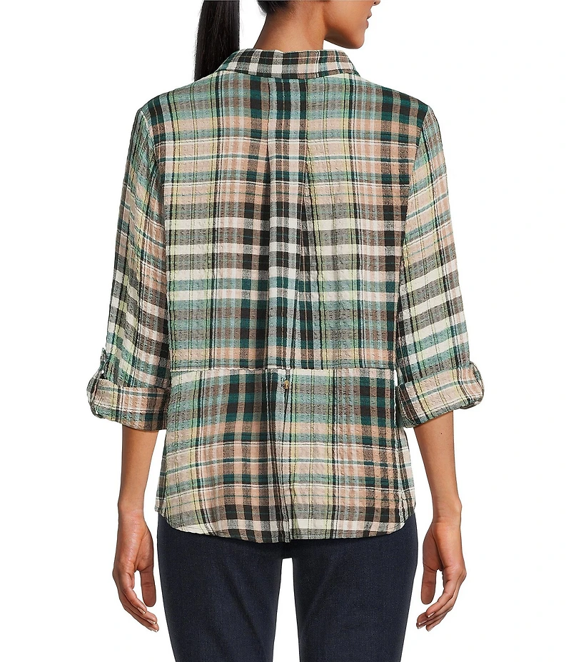 Intro Woven Pucker Plaid Cubb Point Collar 3/4 Rolled-Tab Sleeve Button Front Shirt