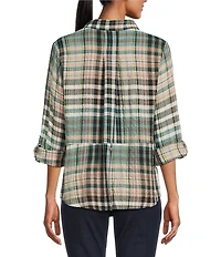 Intro Woven Pucker Plaid Cubb Point Collar 3/4 Rolled-Tab Sleeve Button Front Shirt