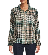 Intro Woven Pucker Plaid Cubb Point Collar 3/4 Rolled-Tab Sleeve Button Front Shirt