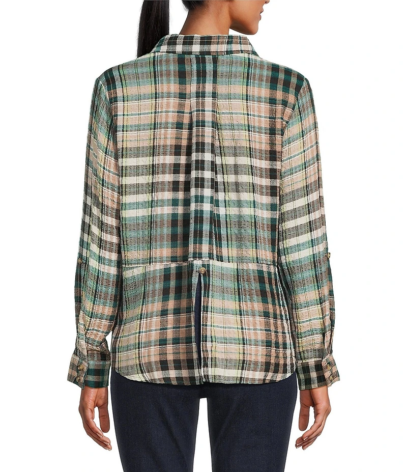 Intro Woven Pucker Plaid Cubb Point Collar 3/4 Rolled-Tab Sleeve Button Front Shirt