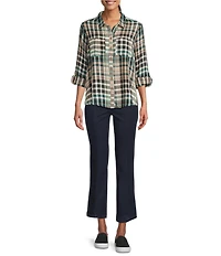 Intro Woven Pucker Plaid Cubb Point Collar 3/4 Rolled-Tab Sleeve Button Front Shirt