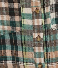 Intro Woven Pucker Plaid Cubb Point Collar 3/4 Rolled-Tab Sleeve Button Front Shirt