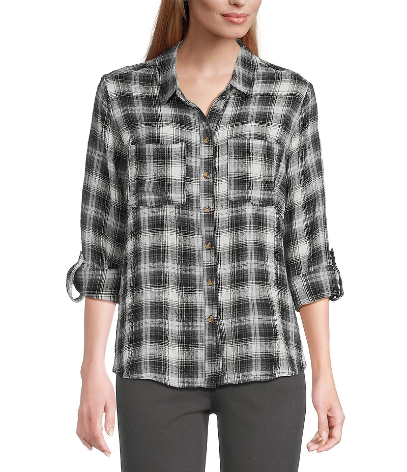 Intro Woven Pucker Plaid New Natural Pearl Point Collar 3/4 Rolled-Tab Sleeve Button Front Shirt