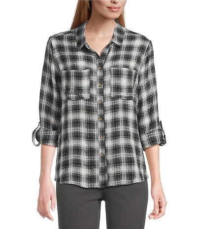 Intro Woven Pucker Plaid New Natural Pearl Point Collar 3/4 Rolled-Tab Sleeve Button Front Shirt