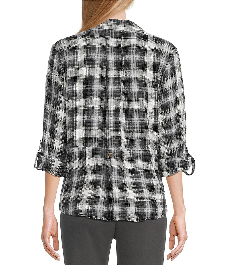 Intro Woven Pucker Plaid New Natural Pearl Point Collar 3/4 Rolled-Tab Sleeve Button Front Shirt