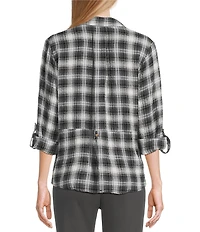 Intro Woven Pucker Plaid New Natural Pearl Point Collar 3/4 Rolled-Tab Sleeve Button Front Shirt