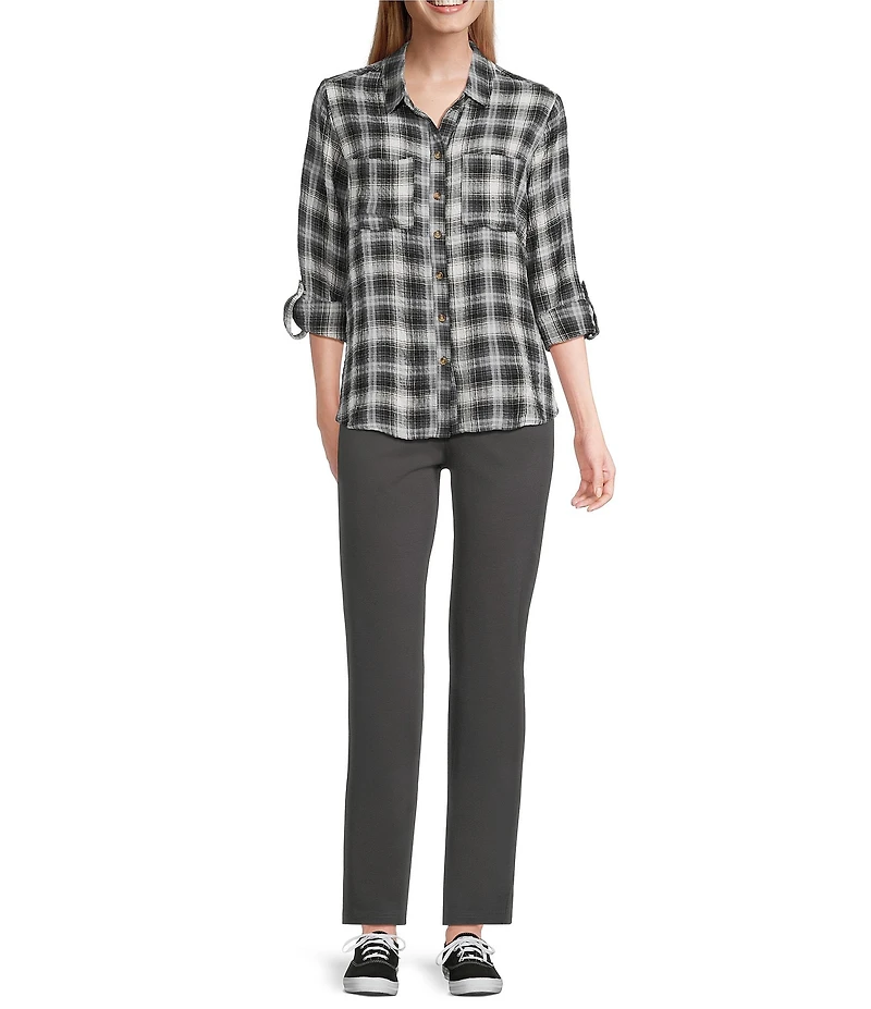 Intro Woven Pucker Plaid New Natural Pearl Point Collar 3/4 Rolled-Tab Sleeve Button Front Shirt