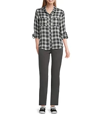 Intro Woven Pucker Plaid New Natural Pearl Point Collar 3/4 Rolled-Tab Sleeve Button Front Shirt