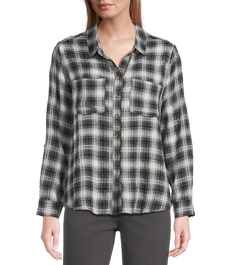 Intro Woven Pucker Plaid New Natural Pearl Point Collar 3/4 Rolled-Tab Sleeve Button Front Shirt