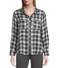 Intro Woven Pucker Plaid New Natural Pearl Point Collar 3/4 Rolled-Tab Sleeve Button Front Shirt