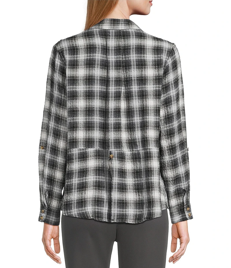 Intro Woven Pucker Plaid New Natural Pearl Point Collar 3/4 Rolled-Tab Sleeve Button Front Shirt