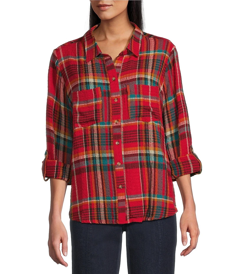 Intro Woven Pucker Plaid New Red Admore Point Collar 3/4 Rolled-Tab Sleeve Button Front Shirt