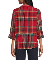 Intro Woven Pucker Plaid New Red Admore Point Collar 3/4 Rolled-Tab Sleeve Button Front Shirt